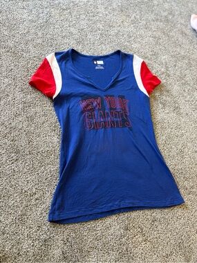 New York Giants Women's Blue V-Neck Tee with Red & White Sleeve Accents